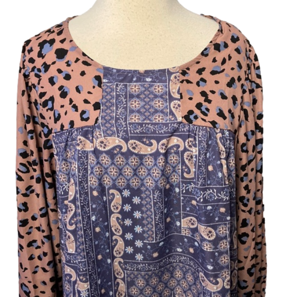 Andree By Unit Long Sleeve Mixed Print Top Mauve Blue 1X